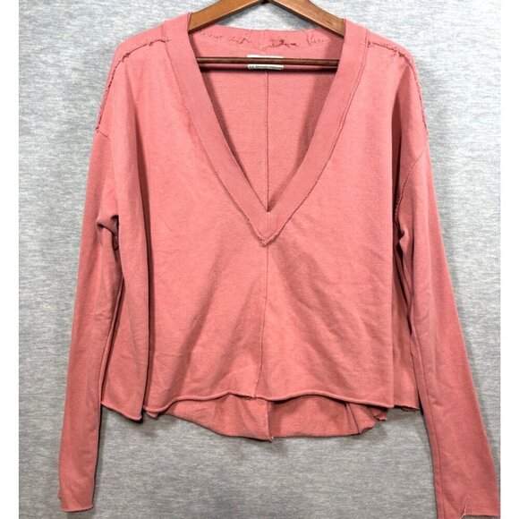Urban Outfitters Pink V-Neck Long Sleeve Sweatshirt M Distressed - Picture 1 of 6